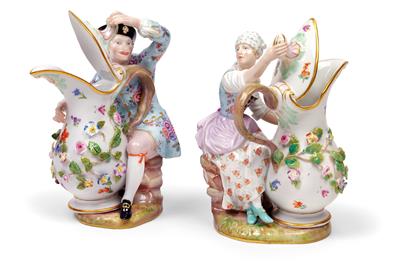 A male and female farmer with pots, holding the lid open, - Oggetti d'arte - Mobili, sculture, vetri e porcellane