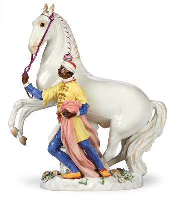 A Blackamoor Leading a White Horse in Courbette with Purple Reins, - Furniture, Porcelain, Sculpture and Works of Art