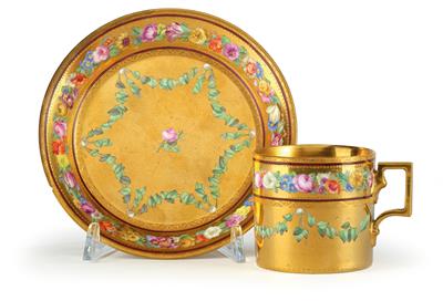 A Gilt Cup and Gilt Saucer with Floral Friezes, - Furniture, Porcelain, Sculpture and Works of Art
