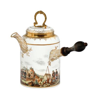 A Pot with Cover for Hot Chocolate with All-Round Decoration of Miners in Landscapes, - Furniture, Porcelain, Sculpture and Works of Art