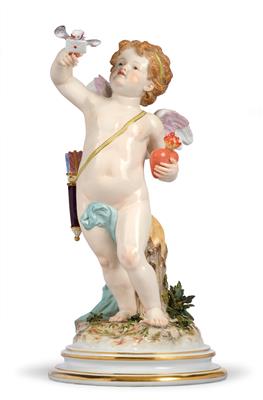 Cupid Holding Carrier Pigeons with a Love Letter in His Right Hand and a Flaming Heart in His Left, - Furniture, Porcelain, Sculpture and Works of Art