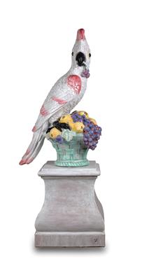 A Garden Decoration - Parrot Perched on a Basket with Diverse Fruits and Base, - Starožitnosti