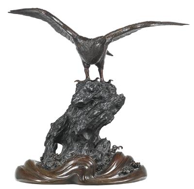 Genryusai Seiya (active around 1900) Eagle with Spread Wings on a Rock above Foaming Waves - Antiquariato