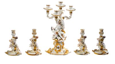 A Large Candelabrum and 4 Candleholders with “Swan Relief” and the Brühl-Kolowrat-Krakowsky Alliance Coat of Arms, - Starožitnosti