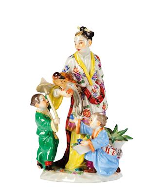 A Japanese Woman with a Bird and 2 Children, - Works of Art