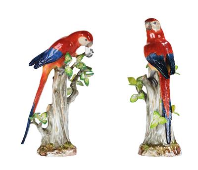 A Pair of Parrots Perched on a Trunk with Sprigs of Leaves, - Antiquariato