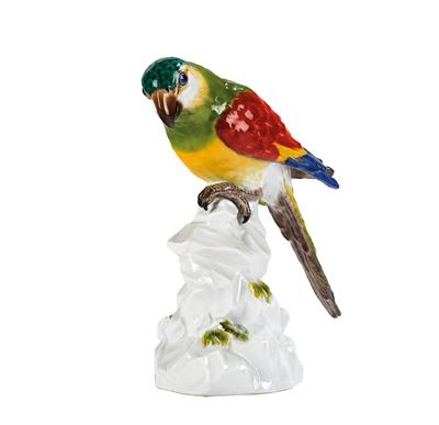A Parrot Perched on an Oak Trunk, on a White Stone Base Covered in Flowers and Leaves, - Antiquariato