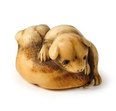 An ivory netsuke of two mating puppies, Japan, Edo period, mid 19th century, signed Ransen - Asiatics, Works of Art and furniture