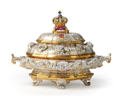 Kronen-Terrine mit Deckel “Kleines Drüselkästchen” mit dem sächsisch-polnisch-litauischen Wappen, - Möbel und Antiquitäten