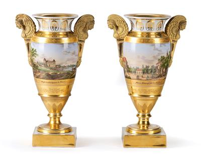 A Pair of Veduta Vases with 2 Views Each: “Klosterneubourg, prés de Vienne und Kahlenbergerdörfel, prés de Vienne”, and “Marie Hietzing, prés de Vienne und Marie-Brunn, prés de Vienne”, - Antiquariato