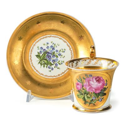 A Cup with Roses and Dedication “Dein Leben sey der Rose gleich und jeder Tag Dir freudenreich”, Saucer with Forget-Me-Nots, - Starožitnosti