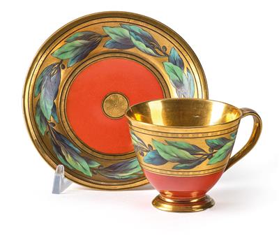 A Cup and Saucer with Laurel Leaf Frieze and Fruit, - Starožitnosti