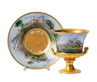 “Otahaiti” Important Cup with Presentoir where James Cook Landed in 1769, Cup with Inscription “Residence of the Missionaries and Otahaiti”, Presentoir with Inscription “Area of Otahaiti”, Vienna, - Furniture; Works of Art; Glas and Porcelain