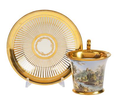 “Vue de Rauheneck près de Baden”, Tasse und Untertasse Wien, - Möbel; Antiquitäten und Metallarbeiten; Glas und Porzellan