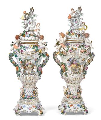 A Pair of Ornamental Vases with Cover and Base, Dresden, - Starožitnosti