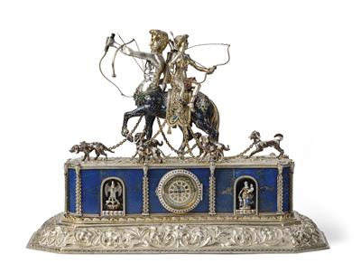 A Historicist Silver and Enamel Table Clock from Vienna, ‘Diana on the Centaur’, - Starožitnosti