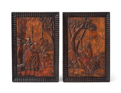 Zwei Eger Relief Intarsien, zwei Szenen aus der Geschichte des verlorenen Sohnes, - Möbel; Antiquitäten und Metallarbeiten; Glas und Porzellan