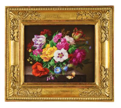 Josef Nigg (1782-1863) Porzellan-Bild mit Blumenmalerei und 1 Schmetterling, signiert Jos: Nigg 1827, - Möbel; Antiquitäten & Metallarbeiten; Glas & Porzellan