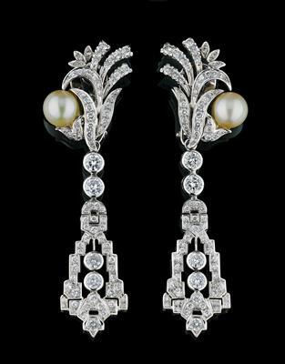 A Pair of Cultured Pearl and Brilliant Ear Clip Pendants - The Edita Gruberová Collection