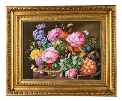 Josef Nigg (1782–1863), Porcelain Painting with Flowers, Fruits and 3 Butterflies, Signed Jos: Nigg 1830, - Furniture; works of art; glass and porcelain
