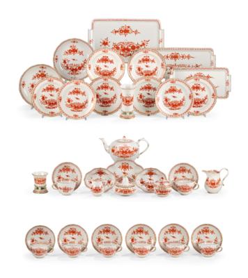 A Magnificent Tea Service, Meissen c. 1980, “Coral Red Indian Painting with Gold Dots and Gold Rims”, - Mobili; oggetti d'antiquariato; vetro e porcellana