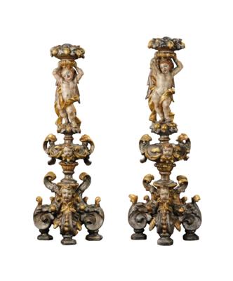 A Pair of Baroque Carved Candlesticks with Angels, - Vídeňská Sbírka