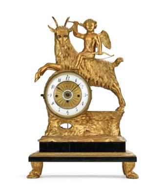 A Biedermeier Commode Clock with Eye Turner “Cupid on a Billy Goat”, - Mobili e anitiquariato, vetri e porcellane