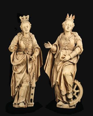 Early Baroque St. Catherine and Barbara, Circle of the Zürn Family of Sculptors c. 1620-30, - Nábytek, starožitnosti, sklo a porcelán