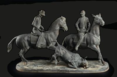 A Large Equestrian Group with a Bull, - Furniture, Works of Art, Glass & Porcelain