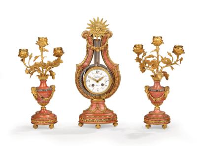 A Small Neo-Classical Lyre Clock with Candelabra “Ad. Camus, Fabricant, Paris”, - Furniture, Works of Art, Glass & Porcelain