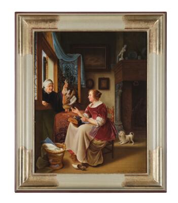 A Porcelain Picture “The Poultry Trade” after Pieter Cornelisz van Slingelandt (1640-1691), Signed Louis Scherf (1870-1955) - Nábytek, starožitnosti, sklo a porcelán