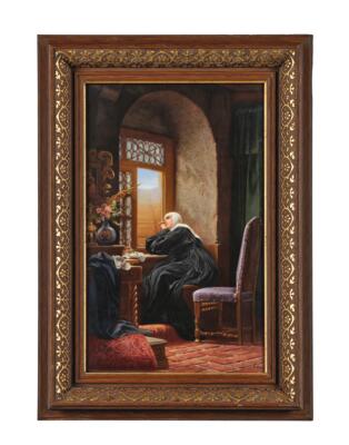Porzellanbild „Gruß aus der Welt“ nach Gustav Adolf Kunz (1843–1879), signiert Albert Scherf (1876–1953) - Möbel, Antiquitäten, Glas & Porzellan
