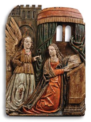 A Late Gothic Relief, Annunciation to the Virgin Mary, Danube School c. 1520, - Furniture, Works of Art, Glass & Porcelain