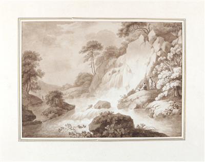 Johann Christian Brand zugeschrieben/attributed (1722-1795) Flusslandschaft mit Wasserfall und Figuren, - Mistrovské kresby, Tisky do roku 1900, Akvarely a miniatury