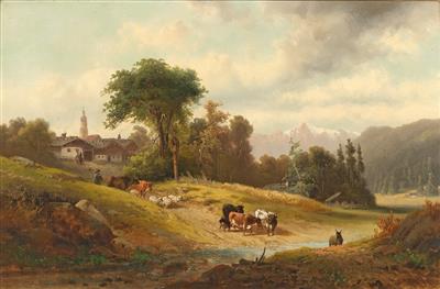Josef Feid zugeschrieben/attributed (1806-1870) Dorf in Tirol mit einer Tierherde im Vordergrund, - Bilder