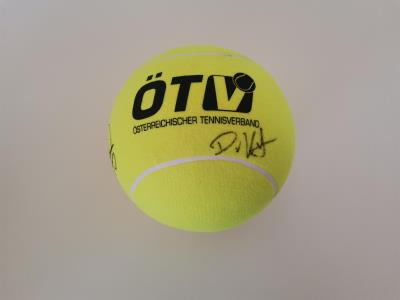 Jumbotennisball mit den Unterschriften des Davis Cup Teams - TOPSPIN FÜR DIE WISSENSCHAFT