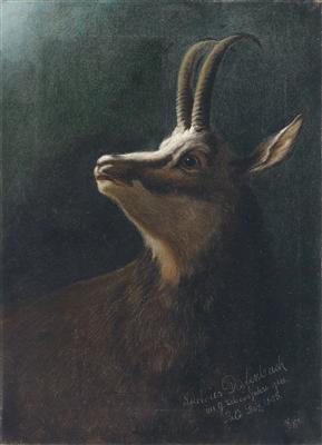 Karl Wilhelm Diefenbach (1851-1913) attributed Head of a Chamois, inscription in the artist’s own hand "Painted by Lucidus Diefenbach in his 9th year... Dec.1895", oil on canvas, 49.5 x 35 cm, unframed, (W) - Obrazy 19. století
