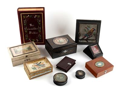 Konvolut - diverse Schachteln, Briefbeschwerer - Meisterzeichnungen und Druckgraphik bis 1900, Aquarelle, Miniaturen