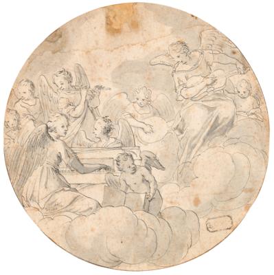 Friedrich Sustris Umkreis/Circle (1540-1599) Hl. Cäcilie umgeben von musizierenden Engeln, - Meisterzeichnungen und Druckgraphik bis 1900, Aquarelle, Miniaturen