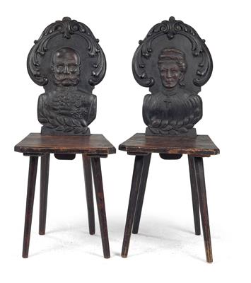 2 Stühle mit Porträts Franz Joseph I. und Kaiserin Elisabeth, - Kaiserhaus und Historika