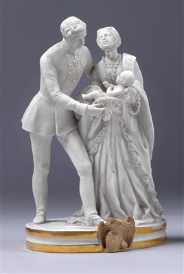 Porcelain group with Emperor Franz Joseph and Empress Elisabeth with the new-born heir to the throne Crown Prince Rudolf, - Casa Imperiale e oggetti d'epoca