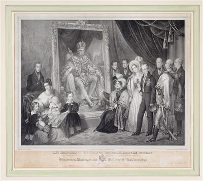 Kaiser Ferdinand I. von Österreich mit Familie vor dem Porträt seines verstorbenen Vaters Franz I., - Kaiserhaus und Historika