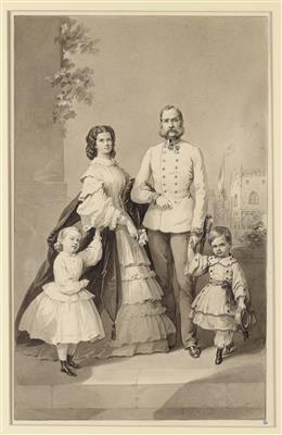 Emperor Francis Joseph I with Empress Elisabeth and their children Crown Prince Rudolf and Archduchess Gisela, - Casa Imperiale e oggetti d'epoca