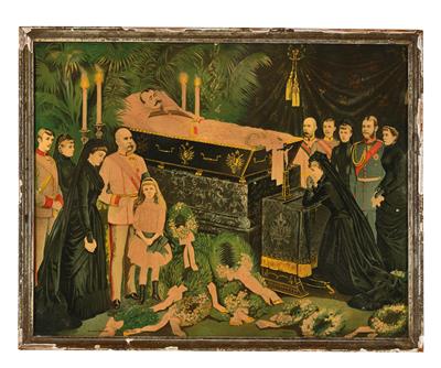 Emperor Francis Joseph I and Empress Elisabeth with the imperial family at the coffin of Crown Prince Rudolf, - Imperial Court Memorabilia and Historical Objects