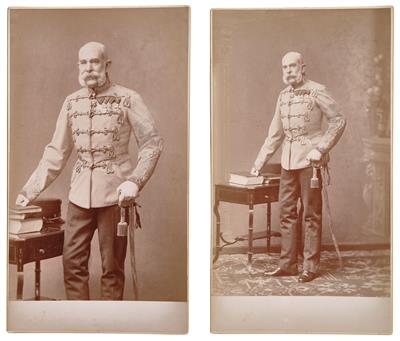 Emperor Francis Joseph I of Austria – 2 portrait photographs in Hungarian uniform, - Rekvizity z císařského dvora