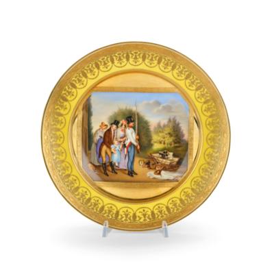 Plate depicting Emperor Francis I with his grandson Archduke Francis Joseph in the park of Laxenburg Castle, - Rekvizity z císařského dvora