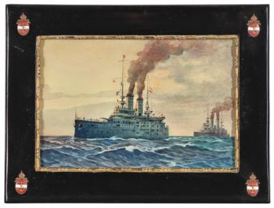 Austro-Hungarian battleship S. M. S. Habsburg at sea followed by a sister ship, - Casa Imperiale e oggetti d'epoca