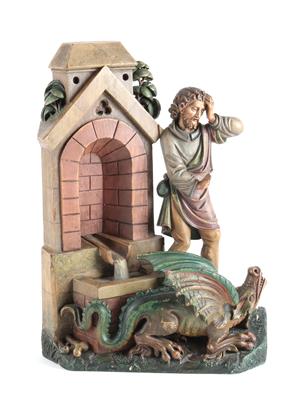 Drache vor Brunnen und erschrockenem Mann, - Folk art and sculptures