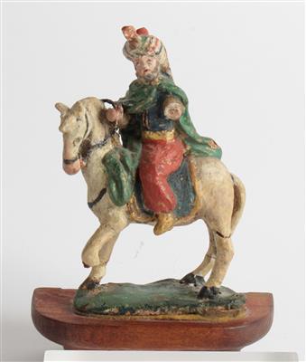 Barocke Krippenfigur Orientale auf Pferd, - Volkskunst, Fayencen und Skulpturen