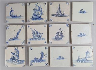 12 Fliesen mit verschiedenen Segelschiff und Bootmotiven, - Starožitnosti